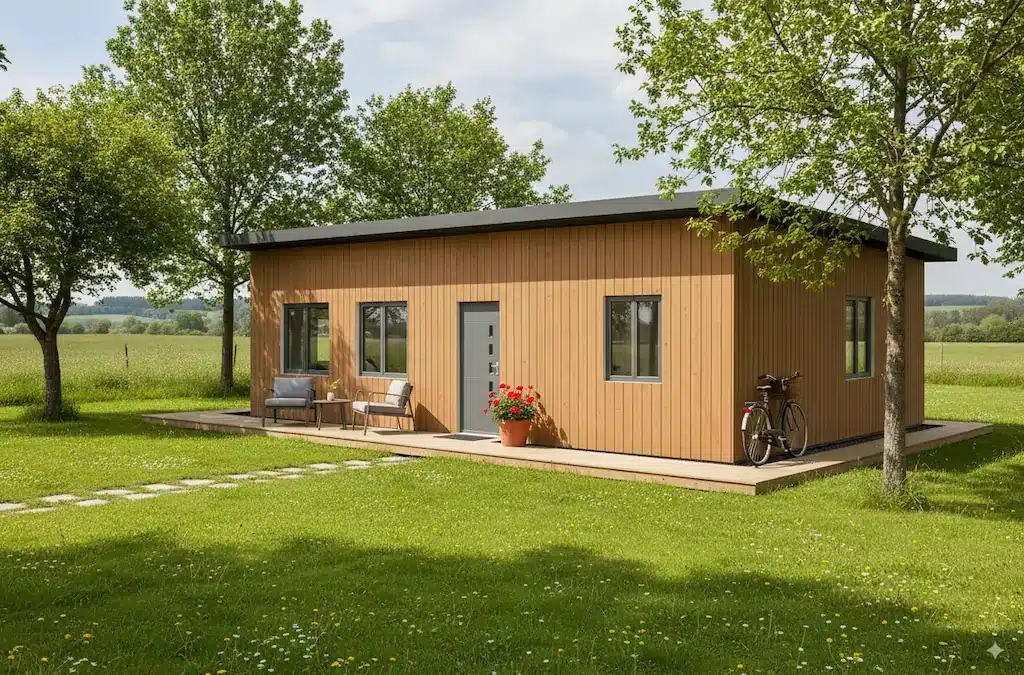 Maison de 90m² UHouse, bardage bois, toiture monopente anthracite, menuiseries anthracite, deux grandes fenetres sur la gauche de la façade, suivi d'une porte et d'une dernière fenêtre. La vue de la maison est de 3/4, on voit donc une autre façade avec une fenêtre dans le même style. La maison est implatée dans un jardin rural entouré d'arbres. Une terrasse juxte la devanture, quelques fleurs, des fauteuils et un vélo y sont disposés.