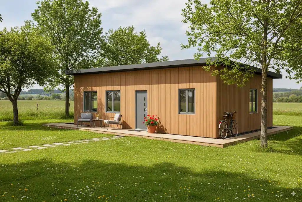 Maison de 90m² UHouse, bardage bois, toiture monopente anthracite, menuiseries anthracite, deux grandes fenetres sur la gauche de la façade, suivi d'une porte et d'une dernière fenêtre. La vue de la maison est de 3/4, on voit donc une autre façade avec une fenêtre dans le même style.<br />
La maison est implatée dans un jardin rural entouré d'arbres.<br />
Une terrasse juxte la devanture, quelques fleurs, des fauteuils et un vélo y sont disposés.