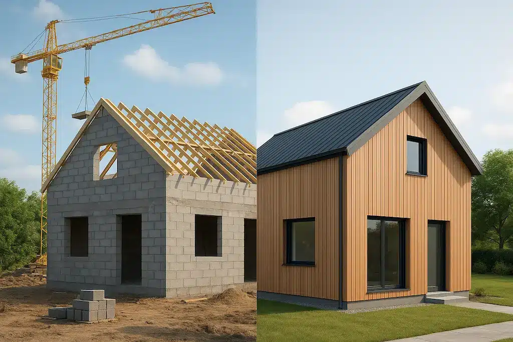 Image illustrative d'une construction traditionnelle en parpaing et d'une maison préfabriquée en kit UHouse