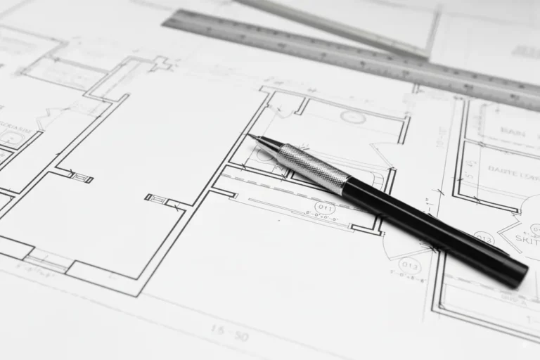 Photo noir et blanc d'un plan de construction de maison avec disposé au dessus un crayon et une gèle