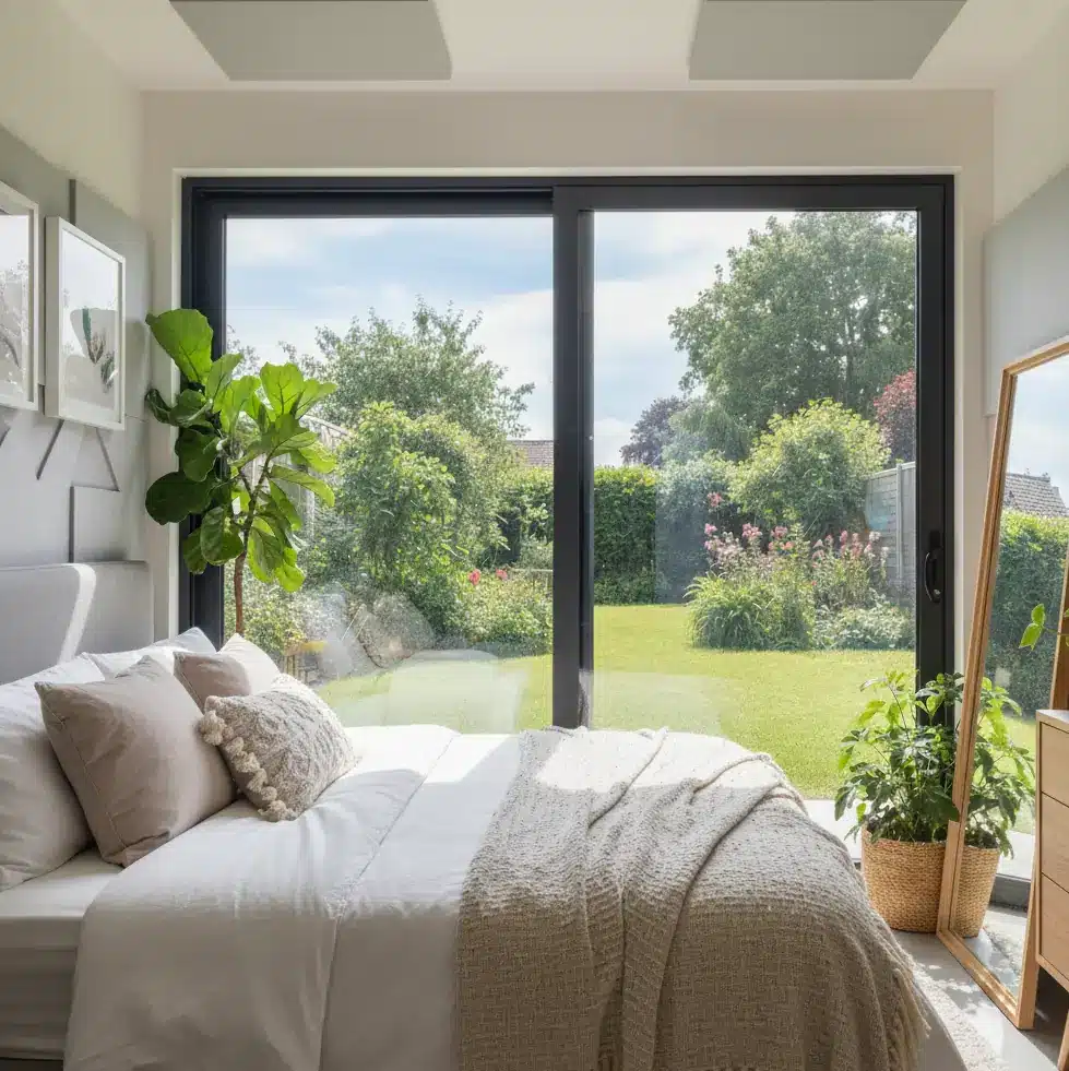 Studio 20m² - intérieur chambre d'amis Chambre cocooning qui se trouve devant une baie vitrée qui donne sur un jardin.