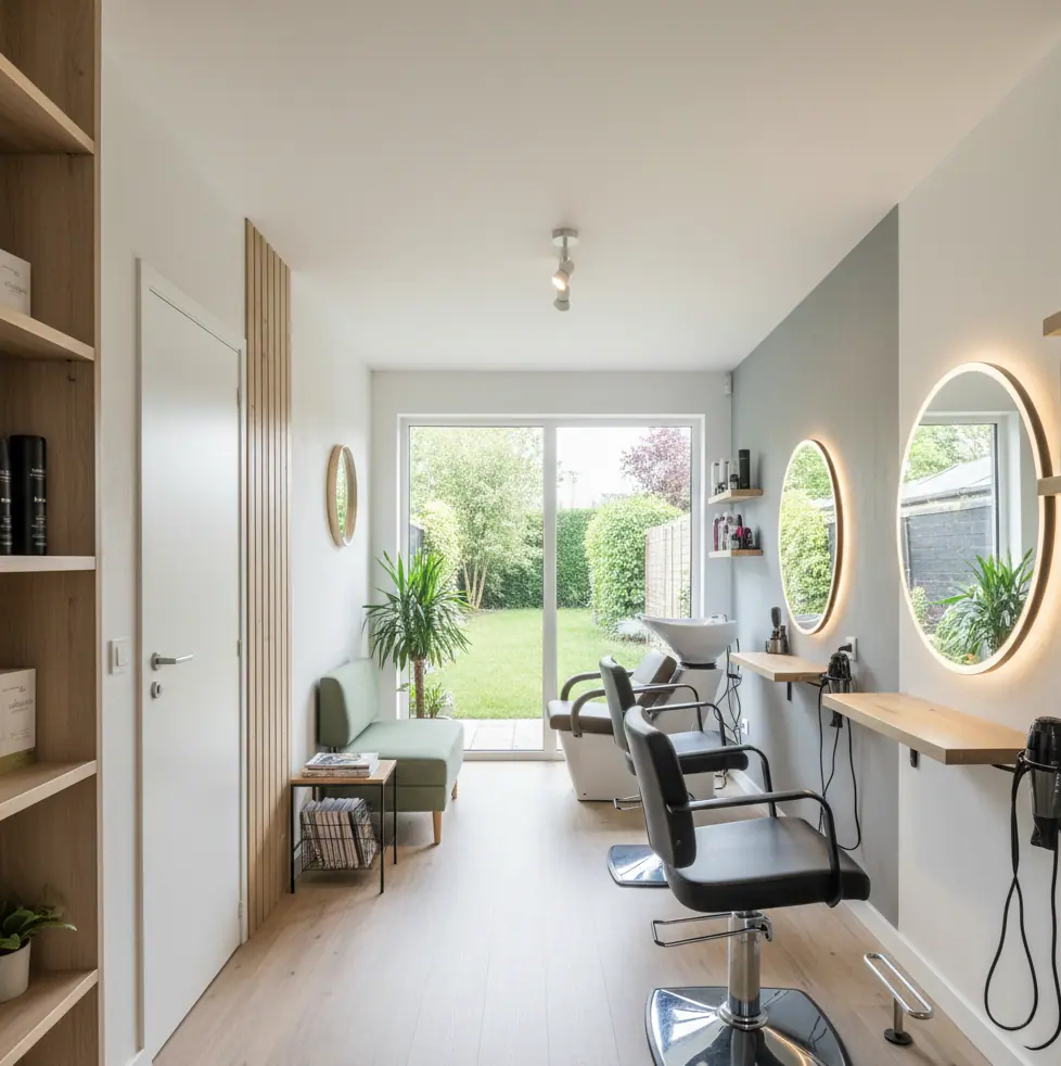 Salon de coiffure intérieur en long, au fond une baie vitrée donne sur un jardin