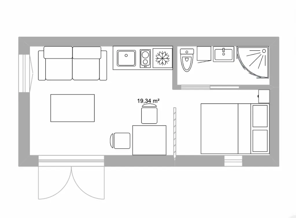 Plan d'un studio de 20m² aménagé avec une pièce d'eau, un espace chambre, un salon, une kitchenette et un espace dej