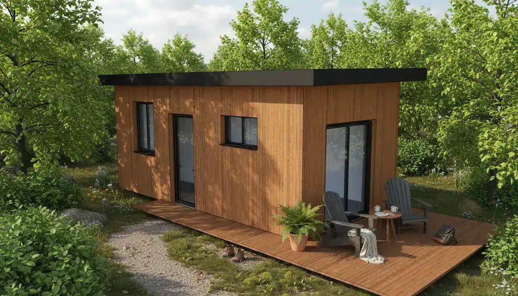 Studio de jardin, toit plat, portes/fenêtres anthracite, avec terrasse aménagée de chaises, table, et plante. Entourée d'arbres verdoyants, elle offre un refuge paisible.