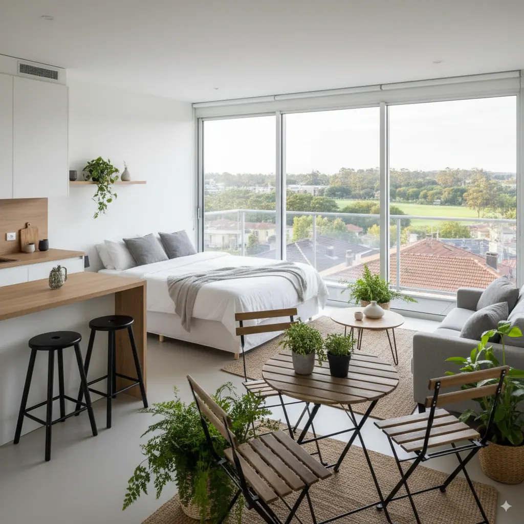 Intérieur d'un studio de jardin de 30m² aménagé par UHouse. L'image présente une petite cuisine ainsi qu'un lit devant une grande baie-vitrée qui donne sur un village