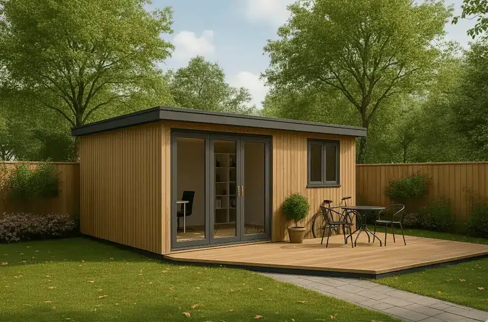 Studio de jardin UHouse avec un bardage bois, une baie-vitrée et une fenêtre anthracite qui donne sur une terrasse. Le studio de jardin est implanté dans un terrain boisé entouré d'une cloture brise vue en bois