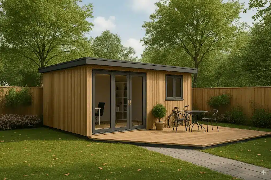 Studio de jardin UHouse avec un bardage bois, une baie-vitrée et une fenêtre anthracite qui donne sur une terrasse. Le studio de jardin est implanté dans un terrain boisé entouré d'une cloture brise vue en bois