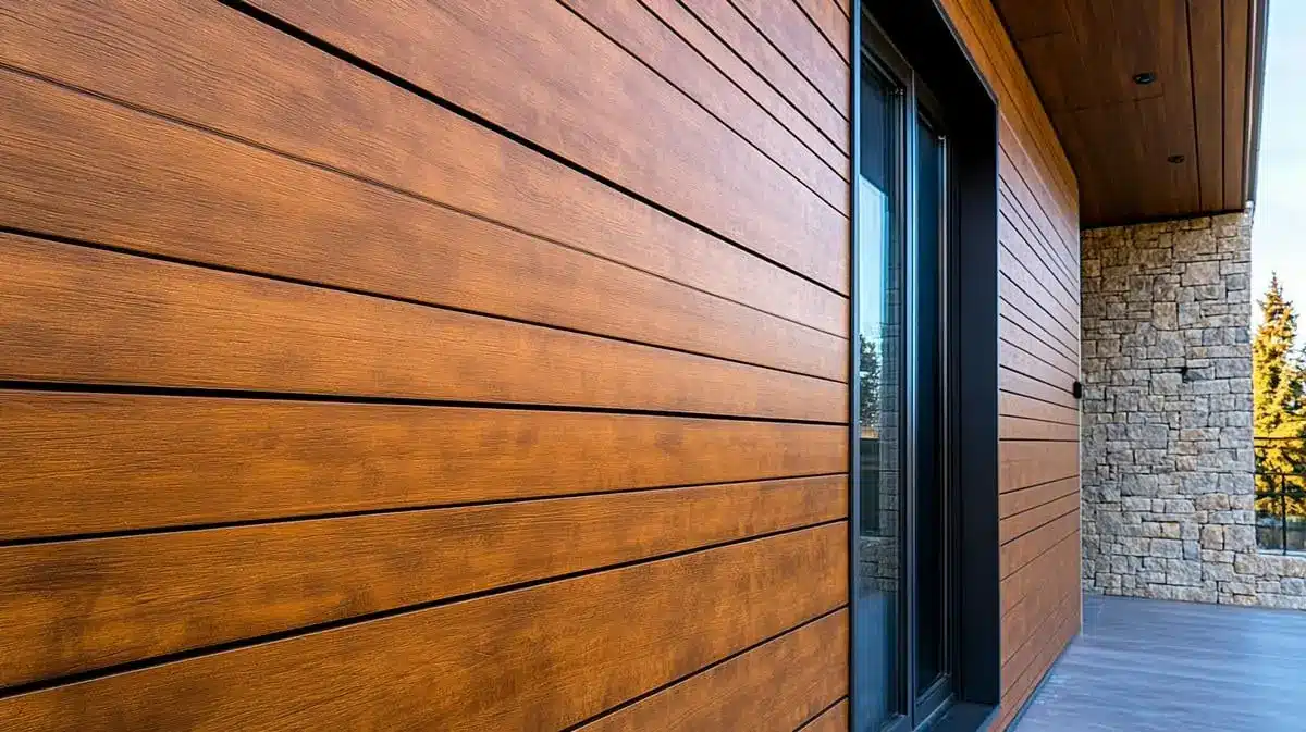 Photo d'une façade de maison UHouse, la photo présente la façade avant avec un mur bardé de clin de douglas horizonttal, une porte fenêtre couleur anthracite.