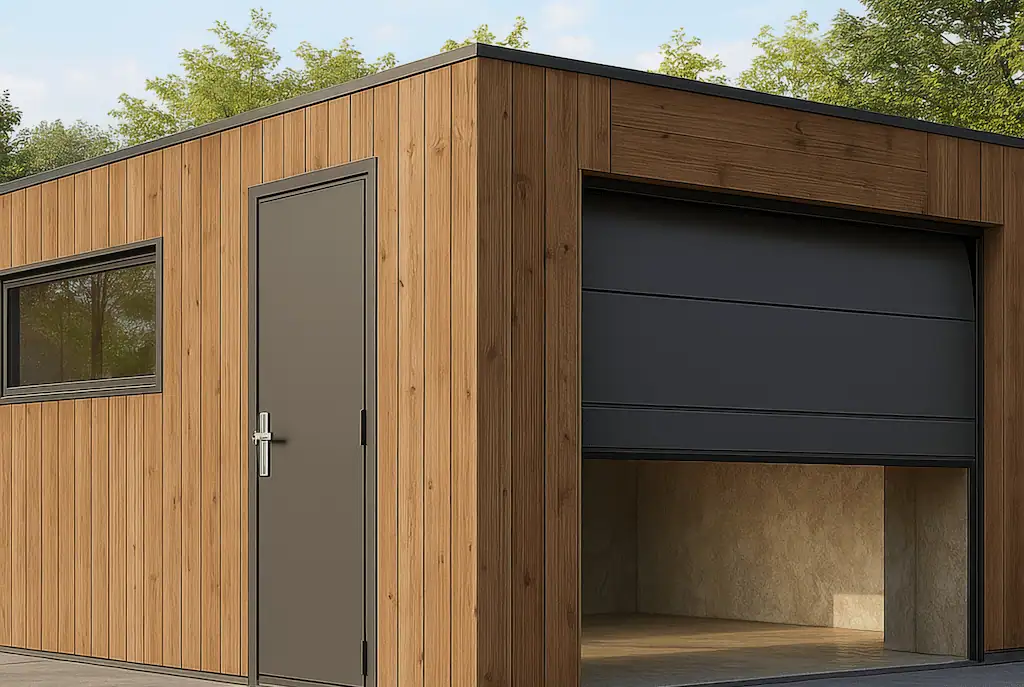 Vue extérieur d'un garage UHouse, bardage bois, fenetre horizontale, porte d'accès et porte de garage anthracite