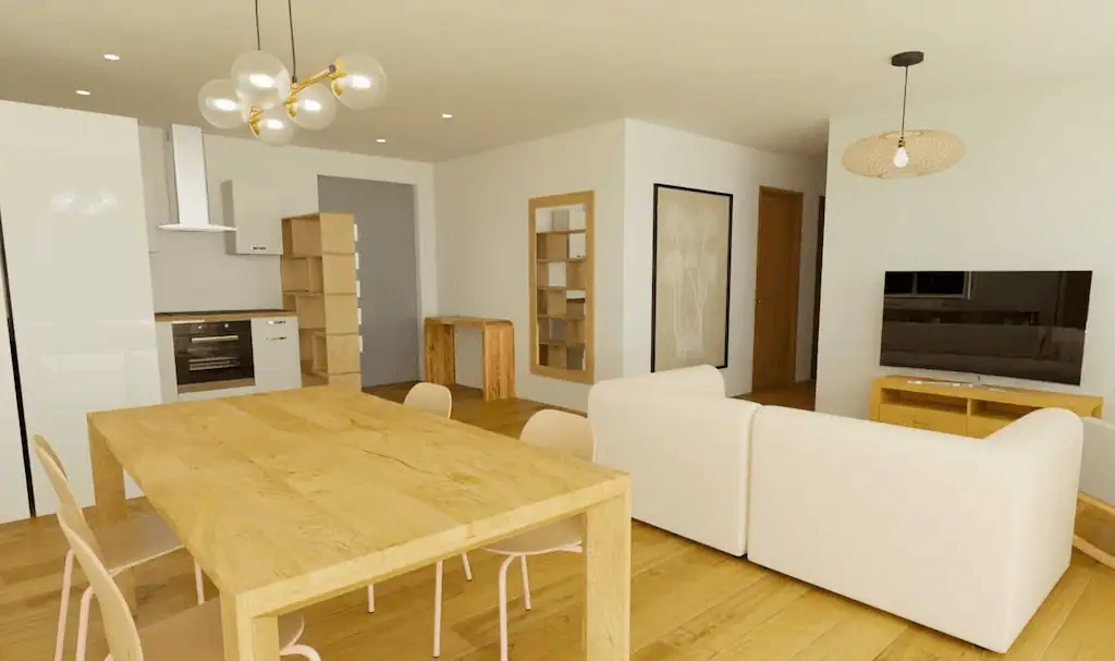 Intérieur d'une maison UHouse, aménagement moderne et cosy, on peut y voir une cuisine ouverte, un beau salon confortable, une tableau de salle à manger le tout finement décoré.